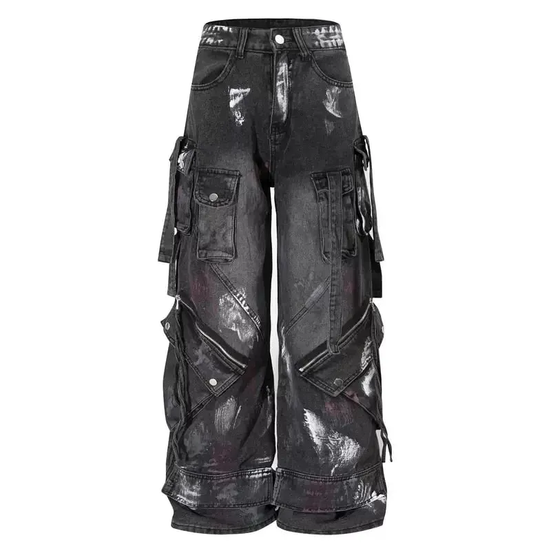 2000s Y2K heavy industry drag pants Gothic multi-pocket hip hop wide leg jeans washed black jeans men and women street pants