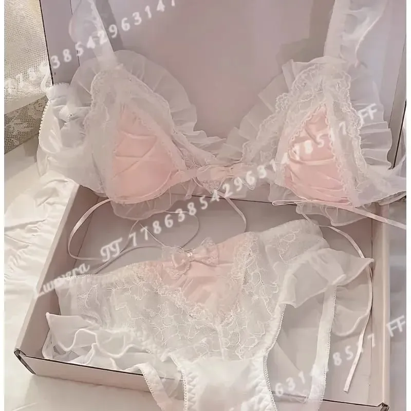 Lolita Style Thin Lace Triangle Cup Bra Set for Women Cute Small Bust Sexy Lingerie Underwear — image 6