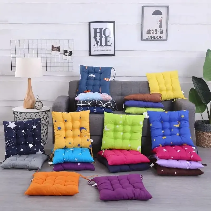 Non-deformable Thick Padded Square Seat Cushion Cute Cartoon Prints with Fixed Ties for Long Time Sitting