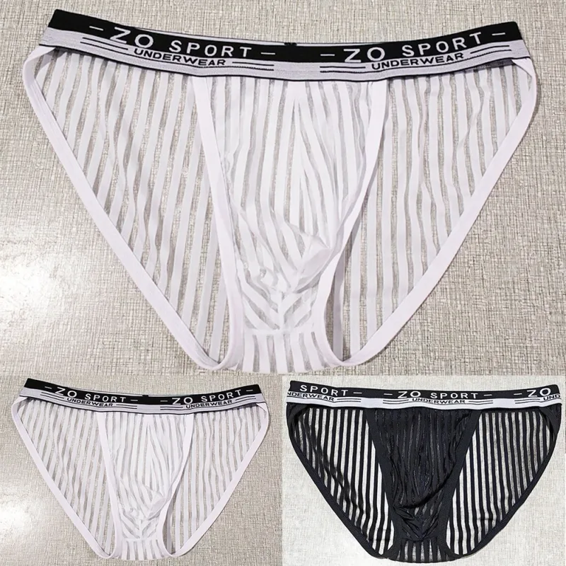Striped Men's High Slit Sexy Pouch Underwear Ice Silk See Through Comfortable Male Triangle Briefs Man Underclothes — image 8