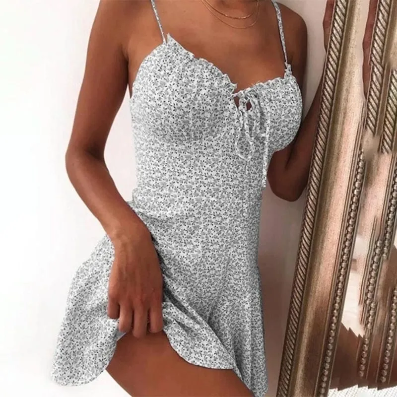 2023 Kvinder Sommer Spaghetti Strap Blomstertryk Tie Front Mini Kjole Y2K Sexet Kjole Patry Beach Style Ny All-Match Blomsternederdel — image 3