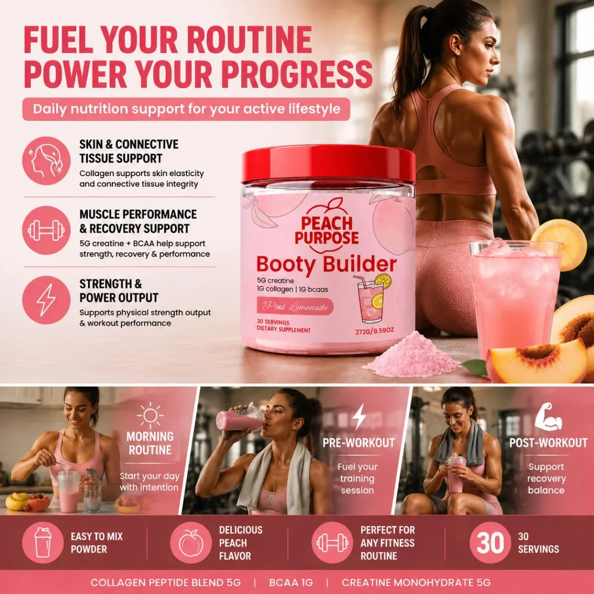 Peach Purpose Collagen Powder Skin Elasticity & Workout Recovery Support for Active Fitness and Strength Routines 30 Servings — image 4