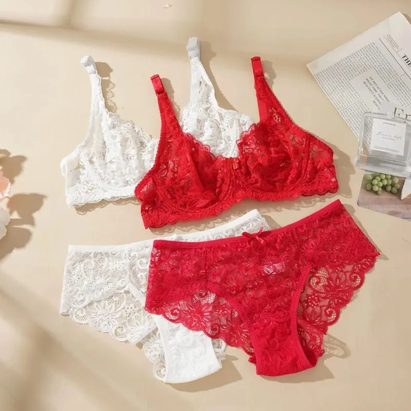 Sexy Lace Bra Set Women Push Up Non-pad Breathable Underwire Thin Solid Panties Underwear Exquisite Lingerie Daily — image 2