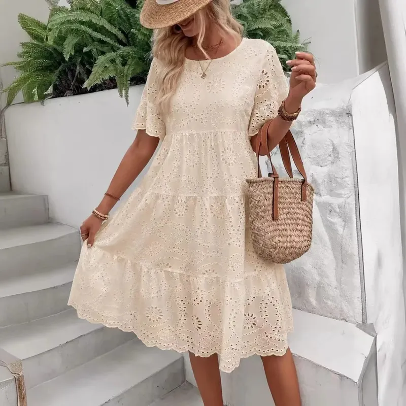 Women's White Eyelet Embroidery Midi Dress Hollow-out Boho Flowy Ruffle Tiered Dress Casual Short Sleeve Summer Beach Dresses — image 12