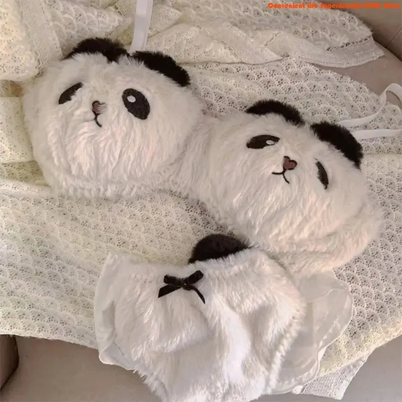 E06E Women's Cartoon Panda Pattern Winter Lingerie Furry Plush Bra and Panty Set School Girl Japanese Anime Cosplay Underwear