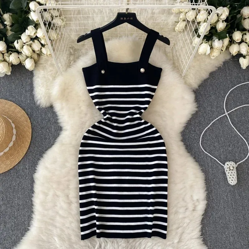 Women Striped Knit Sling Dress Blue White Wide Strap Metal Button Slim Fit Bodycon Mini Casual Summer Vacation Lady All Season — image 3