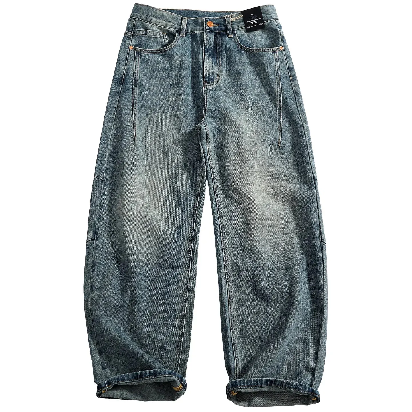 Retro distressed whiskering jeans for men three-dimensional split silhouette wide-leg loose denim trousers