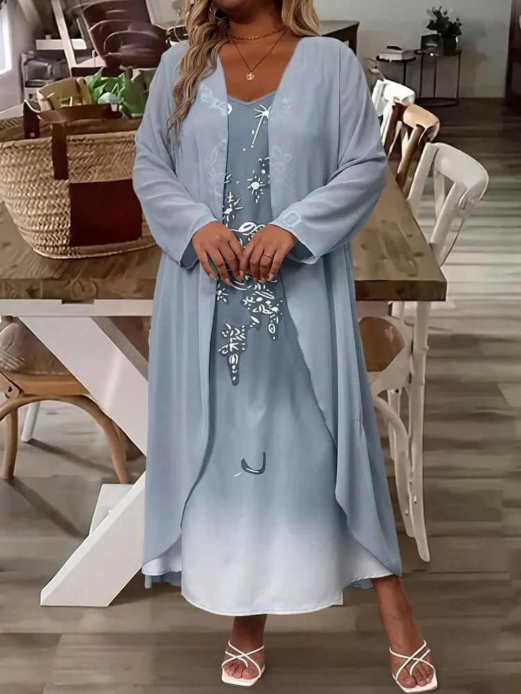 Plus-Size Women's Fashion: Spring/Fall Stylish and Elegant Lace and Chiffon Two-Piece Dress Set with V-Neck for a Sophisticated