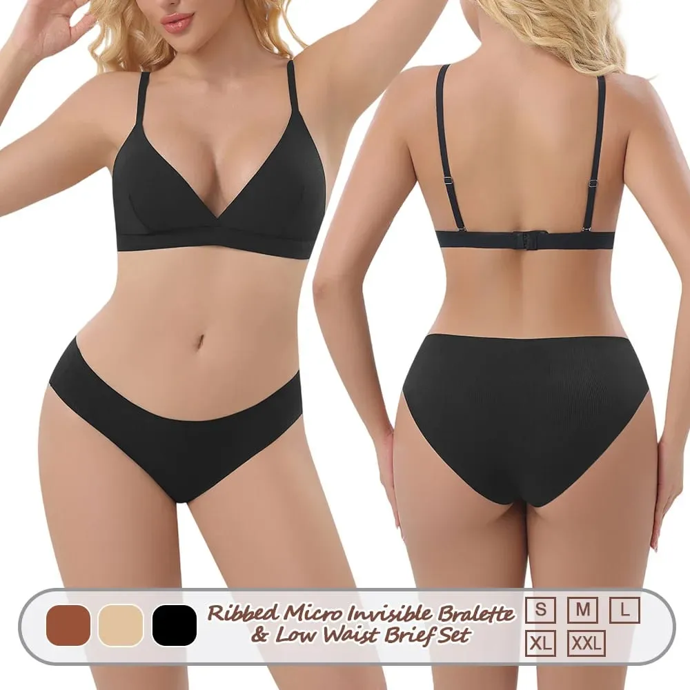 Sutiã sem aro sem costura feminino com nervuras triângulo copo cuecas conjunto roupa interior feminino conjunto lingerie sexy