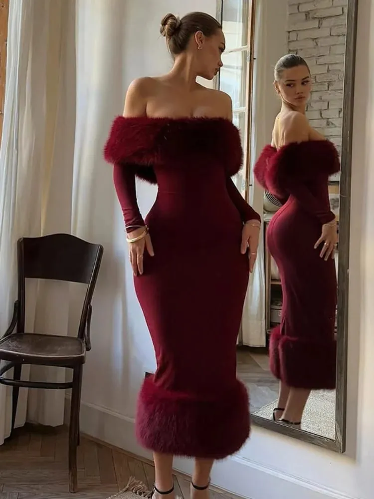 Women Strapless Faux Fur Patchwork Dress Sexy Off-shoulder Full Sleeve Cinched-waist Bodycon Dresses Lady Party Evening Gowns — image 2