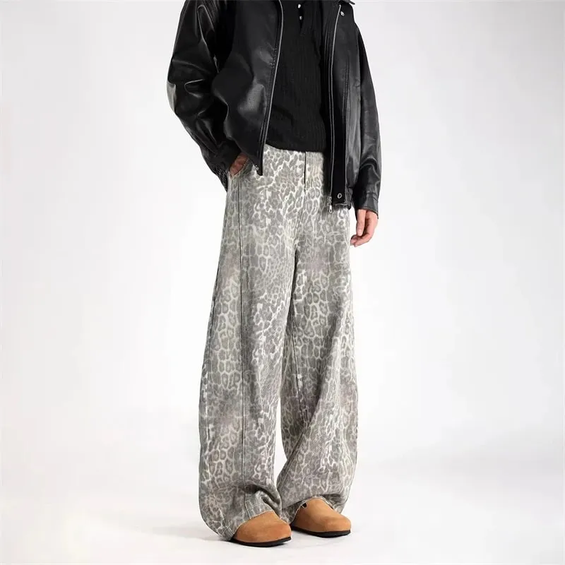 2026 New Vintage Distressed Leopard Printed Y2K Jeans Men's High Street Baggy Curved Denim Pants Hip Hop Fashion Punk Jean