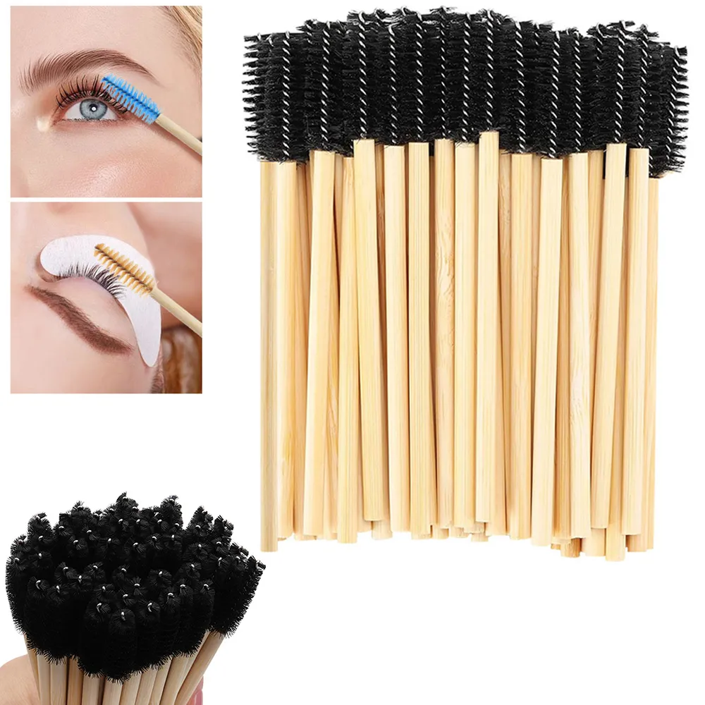 50Pcs Bamboo Handle Eyelash Brushes Mascara Wands Applicator Eye Lashes Extension Brush Eyebrow Spoolie Brushes Makeup Tool