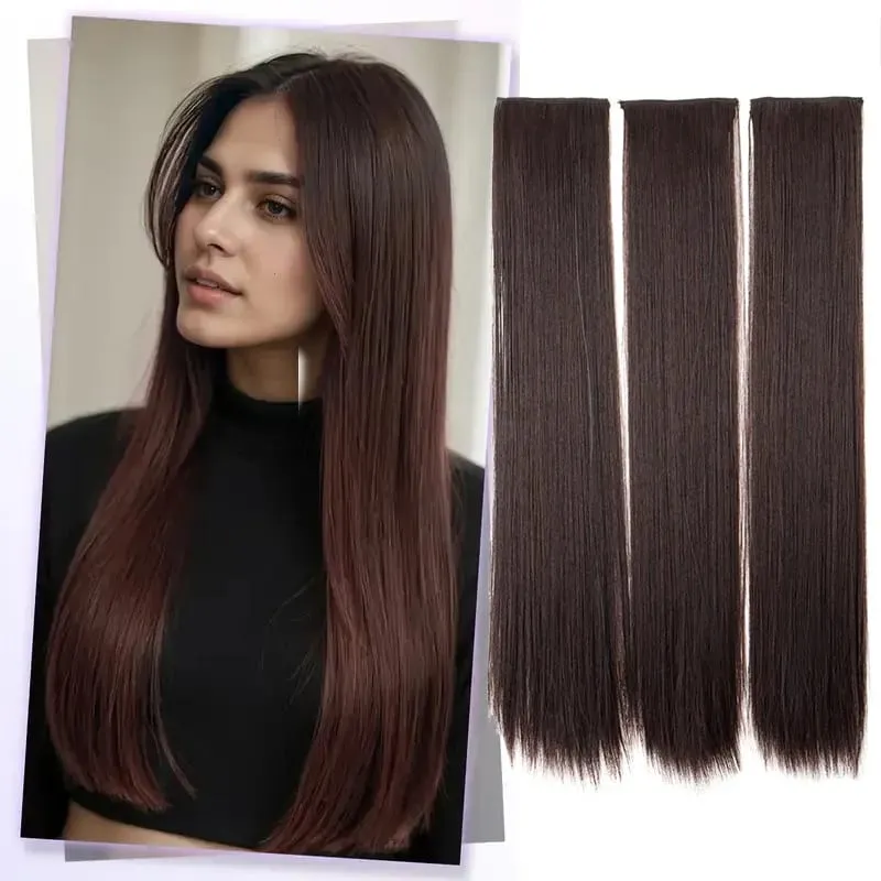 24Inch Synthetic Long Straight 3pcs/set Hair Extension Invisible Hair Thickening Hairpiece for Women Daily Use