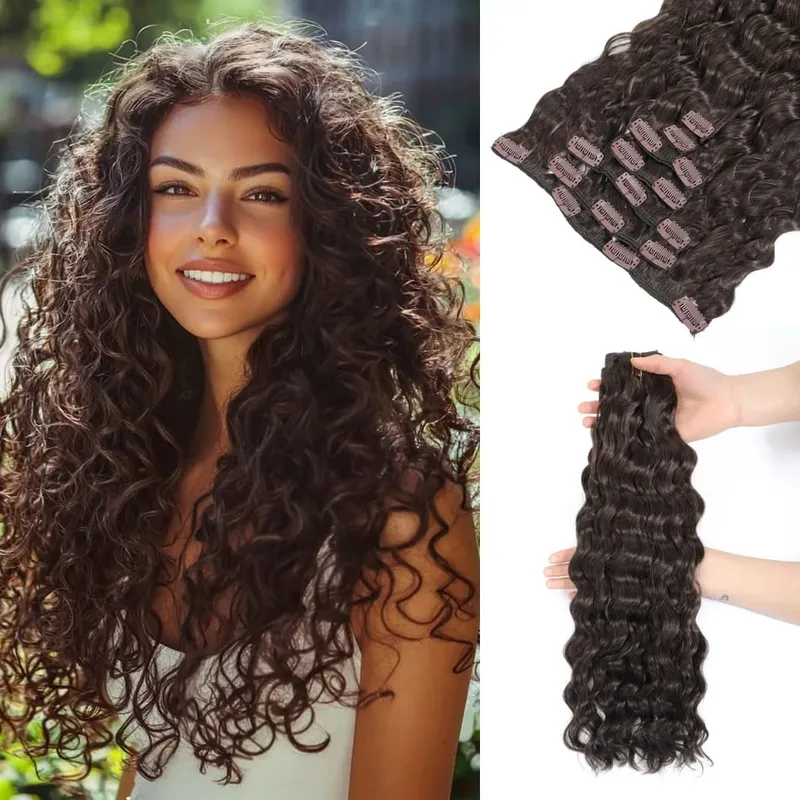 12A Curly Clip in Hair Extensions Brown Water Wave Real Remy Human Hair Clip in Extensions for Women Curly Clip Ins 7pcs 120g — image 12
