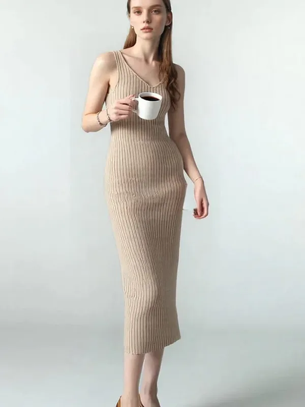 V Neck Sleeveless Elegant Knitted Slip Dress for Women Fashion Sexy Bodycon Casual Long Dresses Autumn Spring Bottoming Clothes