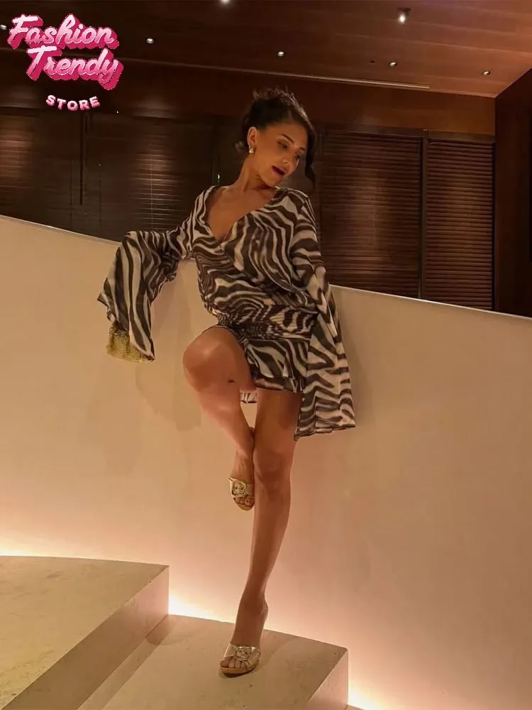 Chic Zebra Print Long Sleeve Women Dresses Sexy Deep V-neck Waist Pleats Loose Fit Dresses 2026 Lady Summer Party Club Vestidos — image 5