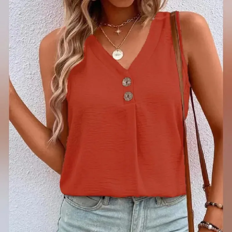 Women's V-Neck Button Tank Top Summer Lightweight Breathe Casual Loose Sleeveless T-Shirt Office Lady Basic Top — image 6