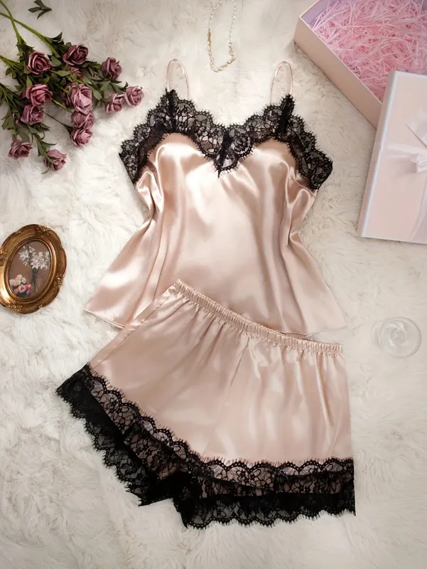 Pink Satin Bra And Panty Sets Silky-Soft Women's Underwear Elegant Loungewear Lace Bras And Pajama Set Spaghetti-Strap Lingerie — image 8