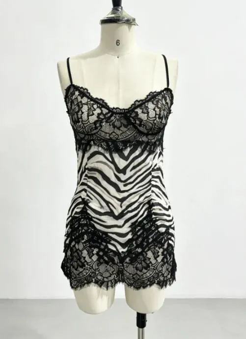Sexy Spaghetti Strap Zebra Print Slip Dress Scalloped Lace Hem V Neck Bodycon Mini Skirt Women Summer Date Party Holiday Outfit