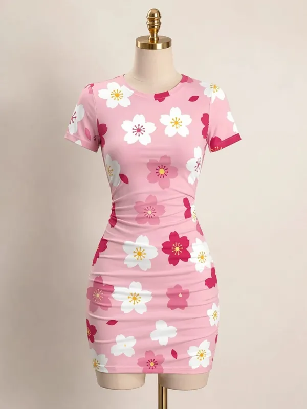 Pakaian Mini Bodycon Lengan Pendek Wanita Slim Fit Leher Krew Cetak Bunga Kasual Pesta Musim Panas Comel Elegan Licin Pakaian Sundress