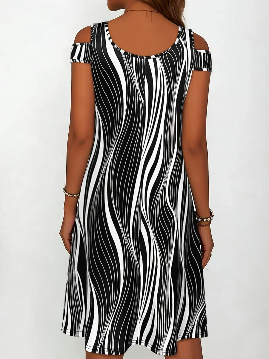 Women's Black White Wavy Stripe Print Cold Shoulder Midi Dress Summer Casual V Neck Short Sleeve A Line Flowy Sundress — image 4