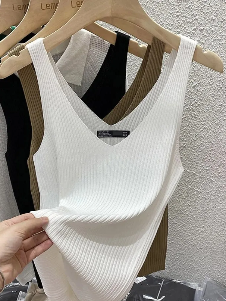 Zjaiss 2026 Summer Fashion Women Camisole Ice Silk Knit Tank Top Slim Fit Sleeveless Base Top Solid Color V-Neck Crop Top — image 3