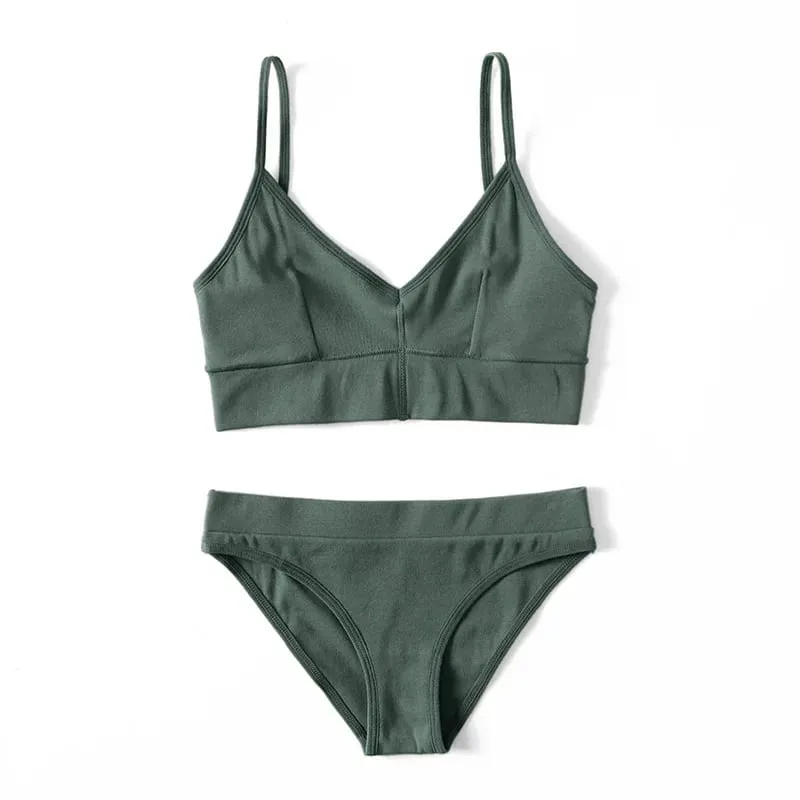 Women's Ribbed Wireless Bralette Set Solid Color Thin Strap Camisole Bra and Triangle Briefs Lingerie