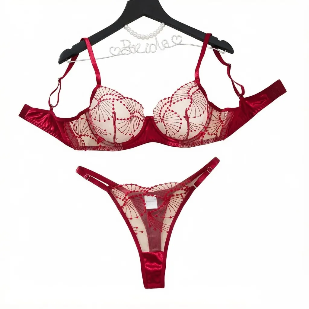 Women Red Embroidery Lingerie Set Sheer Mesh Underwire Bra And Thong Satin Trim Intimate Underwear ZA825287 — image 1