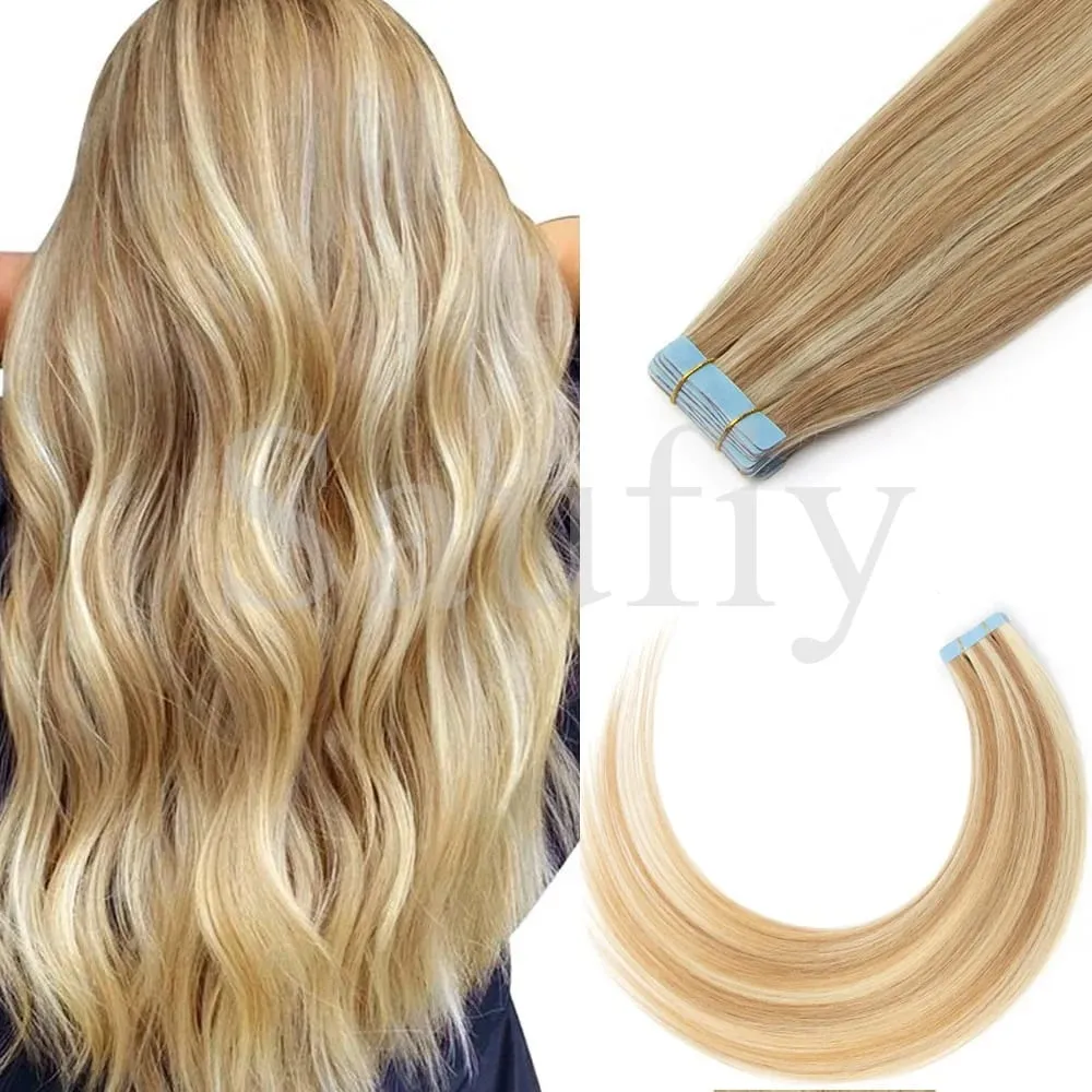Blonde Straight Tape In Hair Extensions Human Hair 20pcs/Pack Straight Natural Black Blonde Brown Tape Ins Hair Extensions 12-20inches Seamless Double Side Skin Weft Tape In Hair Extensions For Women — image 13