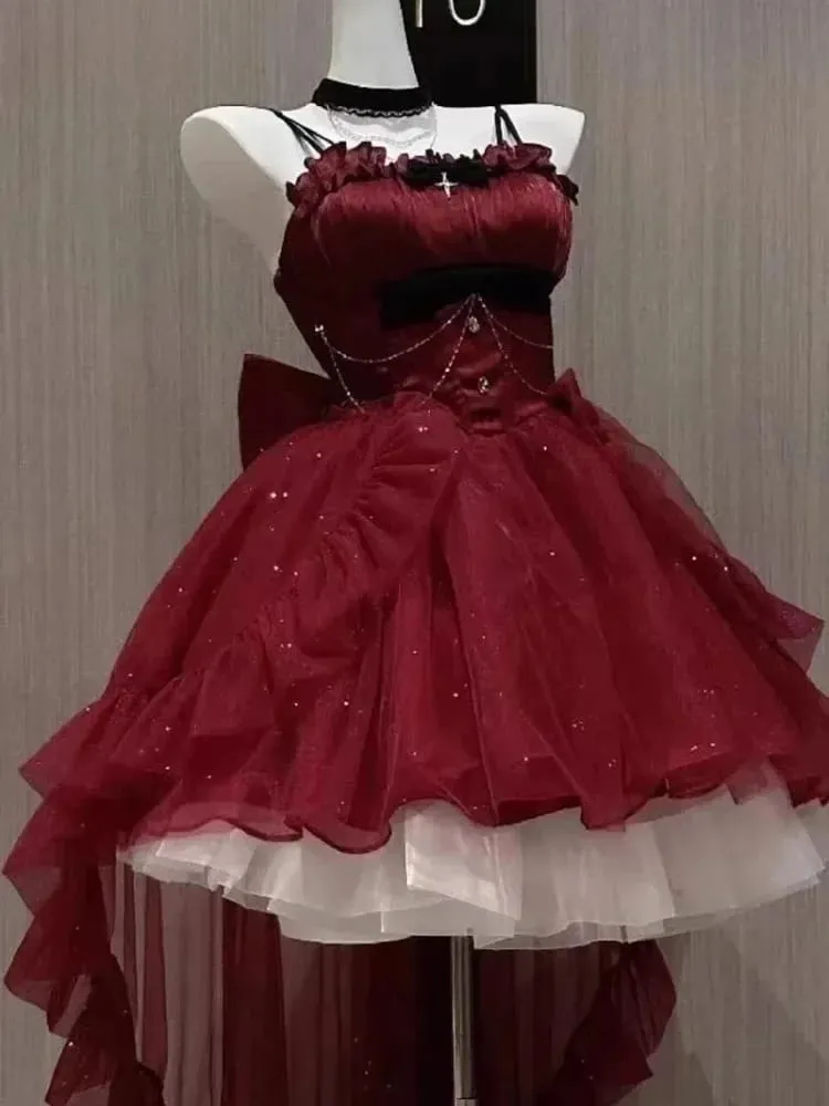 Gothic Red Lolita JSK Dress Women Spaghetti Strap Ruffle Tulle Skirt Chain Bow Decor High Low Hem Vintage Princess Party Dress — image 3