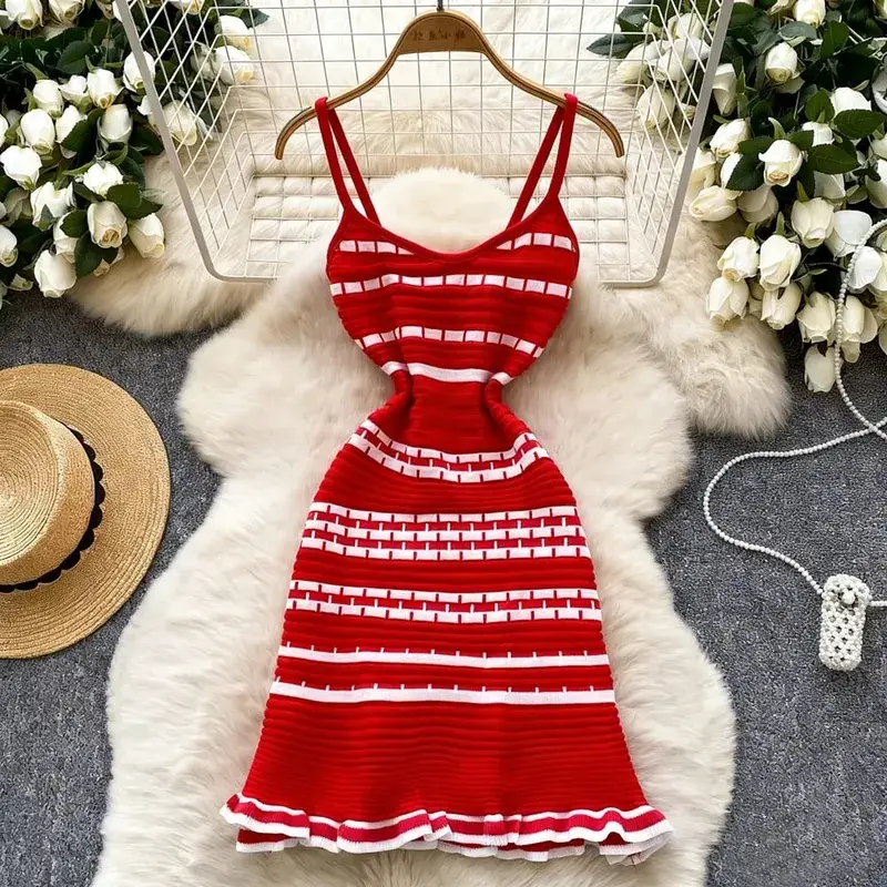 YuooMuoo Chic Fashion A-line Short Women Dress Ins Hot Y2K Geometric Knitted Summer Dress Streetwear Korean Lady Party Vestidos