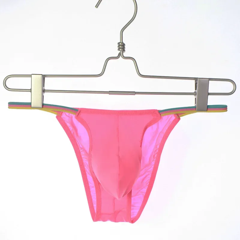 Men Low Waist Panties Bikini Underwear Ice Silk Wet Translucent U Convex Pouch Lingerie Underpants Thin High Fork String Homme