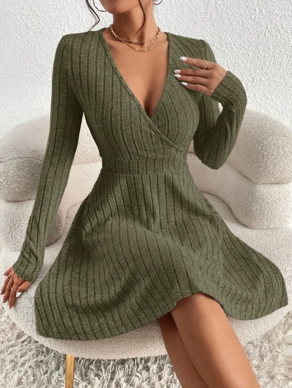 New for autumn/Winter 2024 Women Knit Slim Sexy Bodycon Dress V-Neck Long Sleeve Dress Solid Casual Midi Sweater Dress — image 8