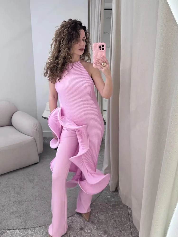 Women Romantic Yellow Halter Maxi Dress Ribbed Knit Ruffled High-slit Slim-fit Vestido 2026 Lady New Spring Trendy Fashion Robes — image 3