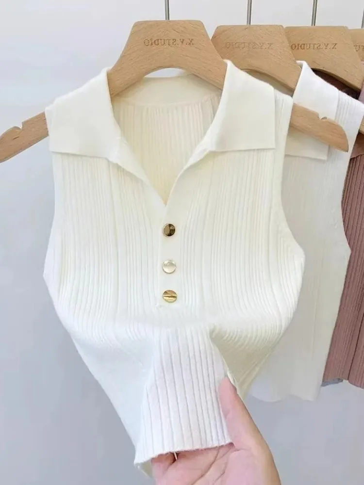 Zjaiss 2026 Spring Summer Slim Versatile Camisole Women's Polo Lapel Tank Tops Vest Ice Silk Knit Sleeveless Tops — image 2
