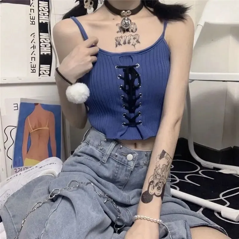 Y2k قطع علوية نسائية بدون ظهر بدون أكمام Kawaii لطيف أبيض محبوك كاميس تانك القمم الصيف اقتصاص سترة الإناث 2000s الملابس