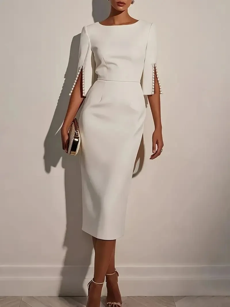 Robe mi-longue crayon de couleur unie pour femme - Ornée de perles demi-manches col rond tenue de bureau élégante — image 3