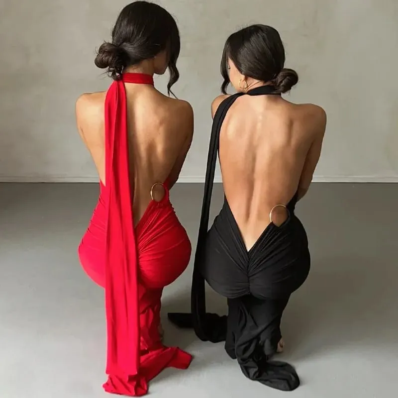Women's One-Shoulder Sleeveless Maxi Dress Adjustable Scarf Loop Ruched Backless Bodycon Festival Party Outfit Elegant Long Gown