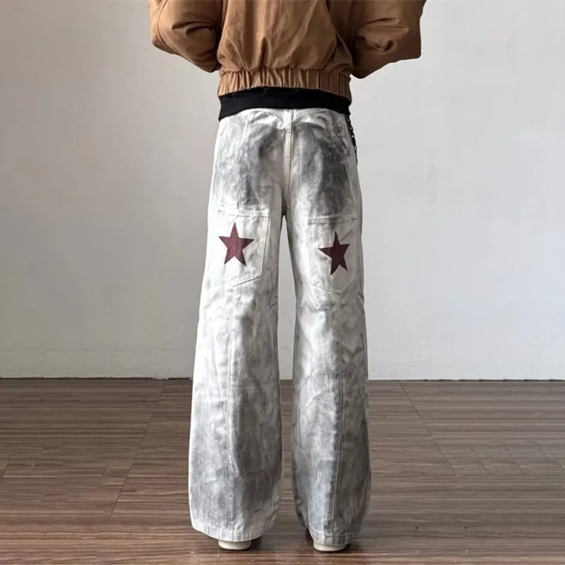 2026 New Retro Graffiti Printed White Baggy Jeans For Men High Street Straight Wide Leg Denim Pants Hip Hop Graphic Y2K Jean — image 4