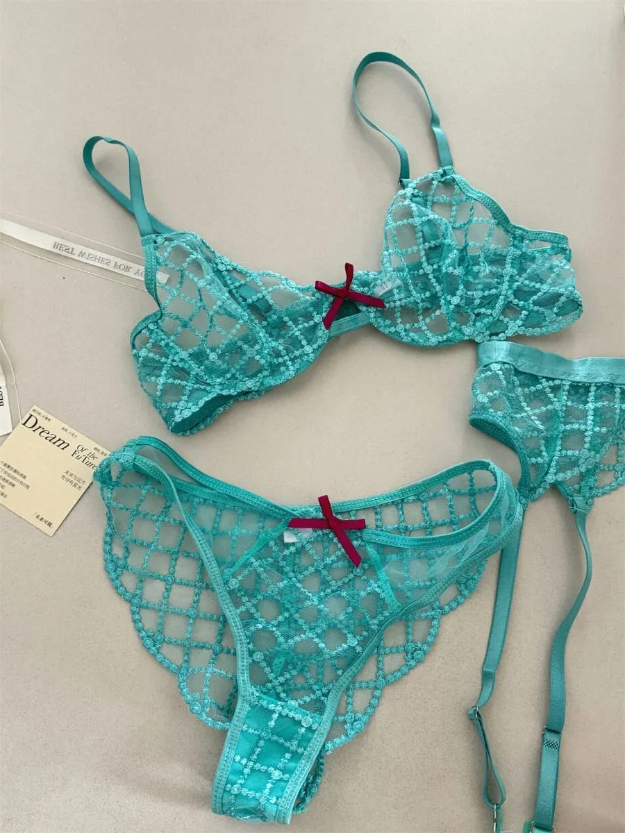 Mermaid blue three-piece lingerie set of thin large breast underwear sexy lace bra breathable romantic bras with underpants suit — image 5