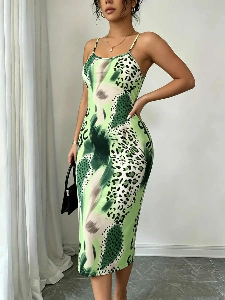 Women Spaghetti Strap Midi Dress Green Leopard Print Bodycon Casual Dress Summer Sexy Party Cocktail Clubwear Date Dress — image 3