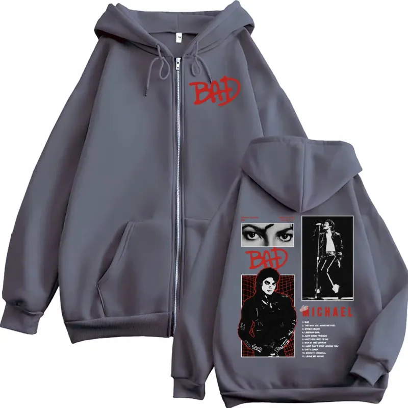 King of Pop Michael Jackson Bad Era Tour Zip Up Hoodies Men Women Fashion Harajuku Jacket Sweatshirts Casual Fleece Zipper Coats — image 4