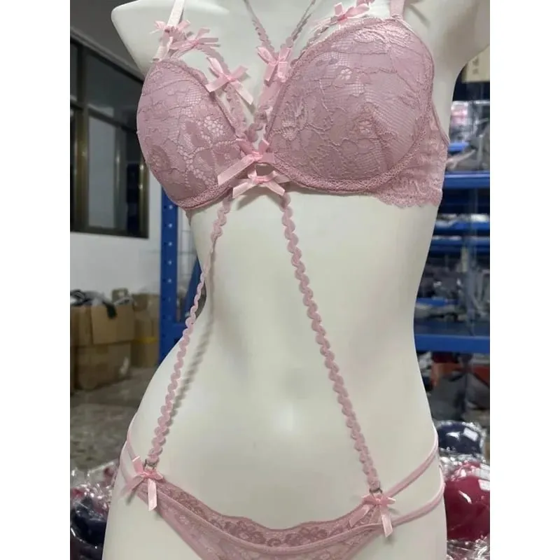 Boho Layered Lace Halter Bra Set - Hollow Out Bow Design Top Inner Red Lace Up Bra Summer Beach Two Piece Lingerie Set MOYISU — image 5