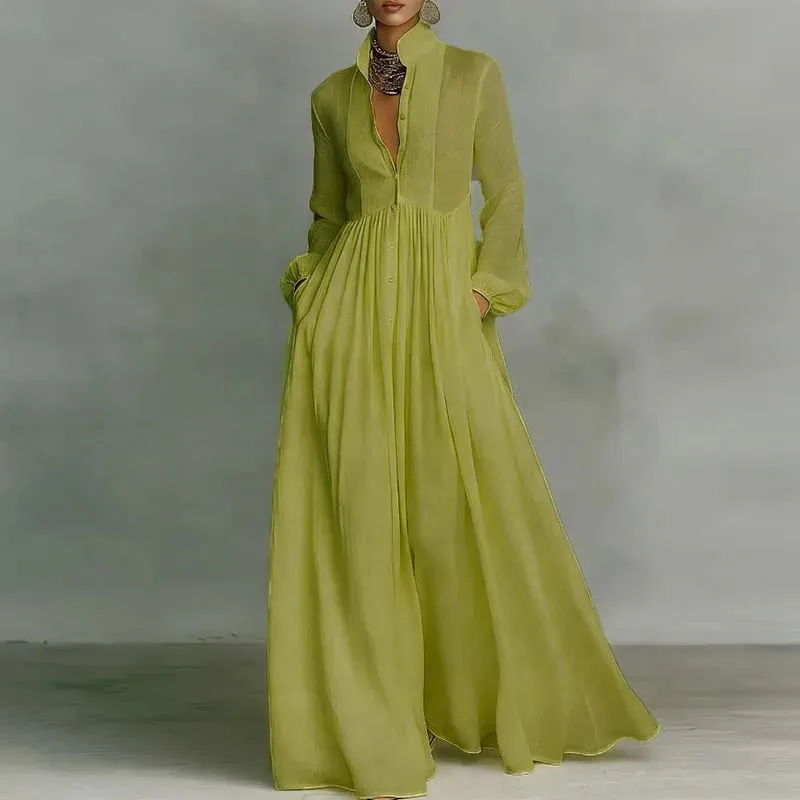 Gaun Panjang Buaian Pinggang Tinggi yang Elegan Wanita Musim Bunga Poket Pepejal Gaun Maxi Berlipat Musim Gugur Lengan Panjang Pakaian Petang — image 4