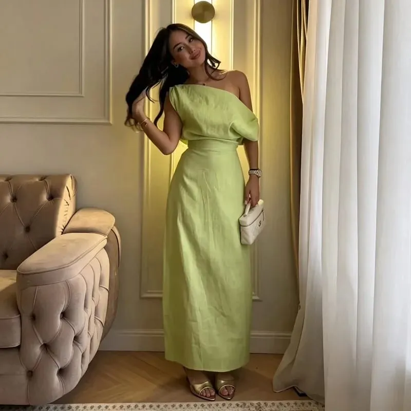 Elegant One Shoulder Asymmetric Pleated Long Dress Chic Solid Color Slanted Collar Slim Cinched Slit Cotton Linen Blend Dresses — image 3