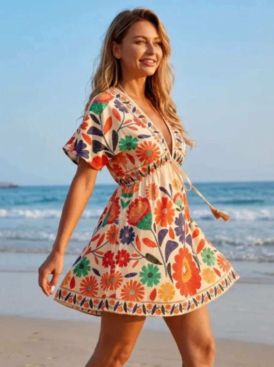 Bohemian Floral Beach Cover-Up Dress V-Neck Short Sleeve Mini Skirt Perfect for Your Next Vacation — image 5
