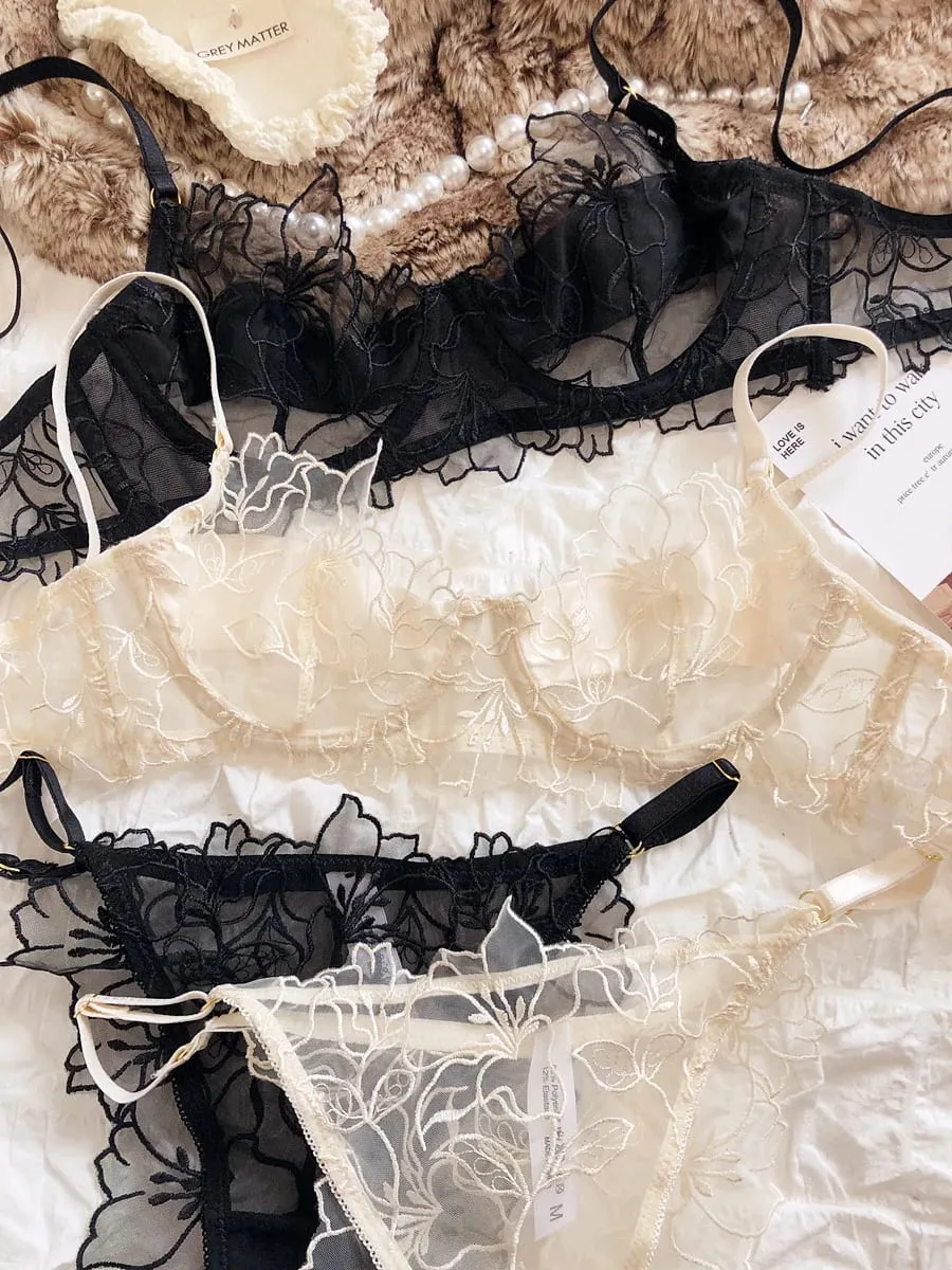 프랑스어 속옷 세트 섹시한 레이스 꽃 자수 브래지어 세트 여성 Intimates 여름 울트라 얇은 통기성 Bralette 란제리 팬티