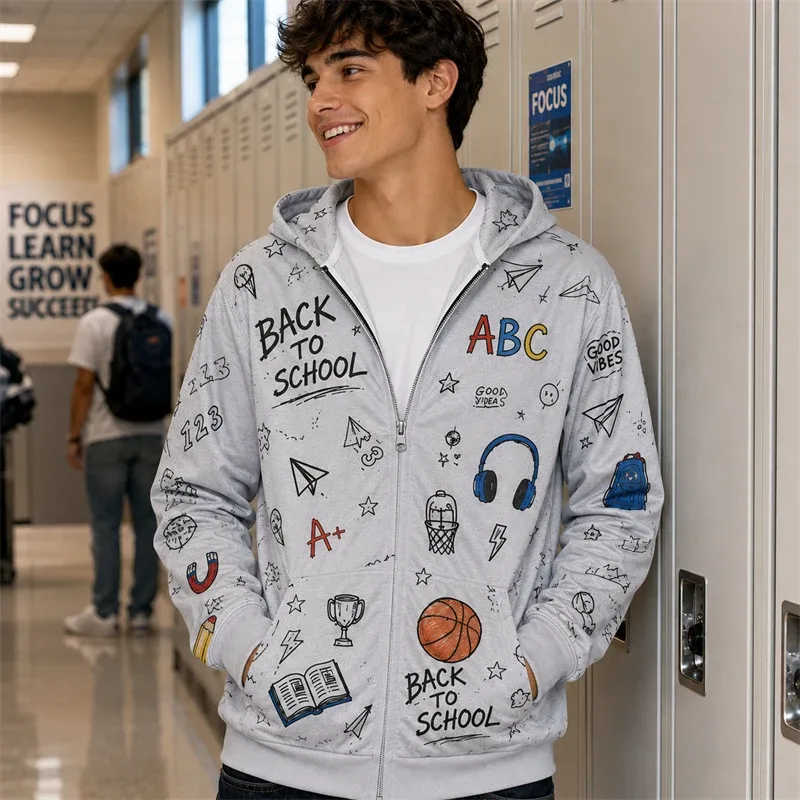 Zip Hoodie Men Back To School 3d Print A+ Graphic Basketball Book Pattern Hoodie New Y2k Gift Casual Street Hooded Sweatshirt