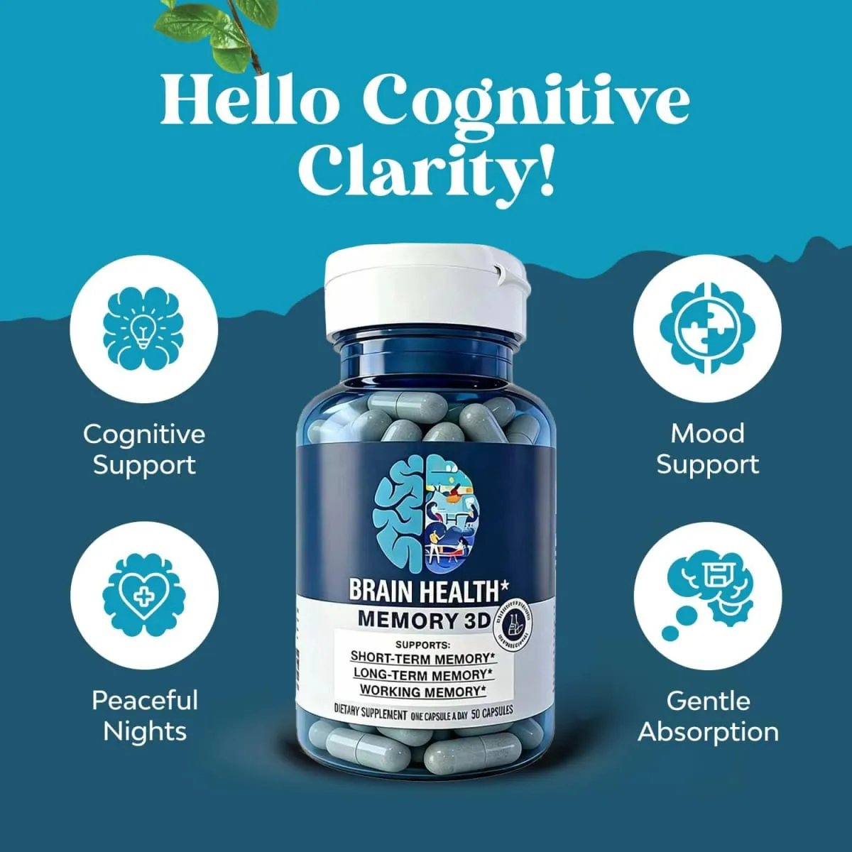 Memory 3D Brain Supplements for Memory and Focus Vitamin B12 & B6 Folic Acid 50 Count Capsules — image 2
