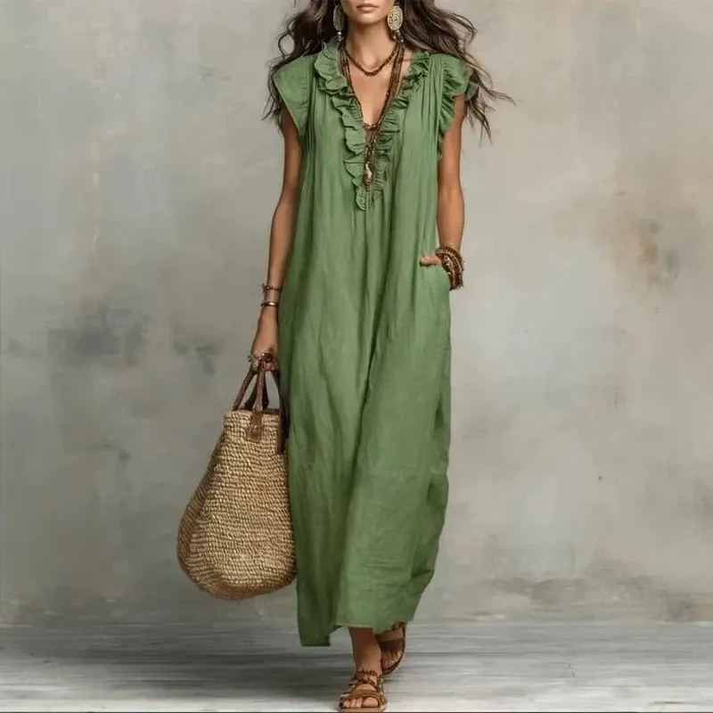 2026 Summer Women Boho Cotton Linen Maxi Dress Solid Color Ruffle V Neck Sleeveless Loose Long Dresses With Pockets Casual Beach — image 4